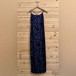 Vintage Steppin Out Sz Small Navy High Neck Crushed Velvet Mesh Filigree Dress